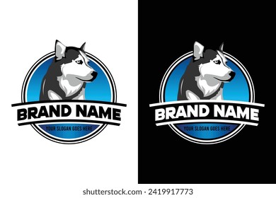 Realistic black and white blue-eyed fluffy siberian husky dog illustration vector logo design