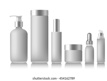 Realistic black and white bottle for essential oil and tube or container for cream, ointment, toothpaste, lotion. Soap pump. Mock up set. Cosmetic vial, flask, dropper-bottle, shampoo, oil, gel. 