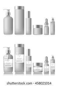Frasco blanco y negro realista para aceite esencial y tubo o recipiente para crema, pomada, dentífrico, loción. Bomba de jabón. Montaje de maquetas. Vial estético, frasco, frasco de goteo. Etiqueta, adhesivo