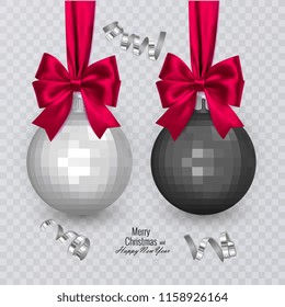 Realistic black and white christmas balls with red bow on transparent background, christmas decorations, vector illustration