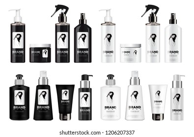 Realistic black and white cosmetic package set mockup with white, silver and black lid.
With a label depicting a beautiful girl. EPS 10. Vector illustration.