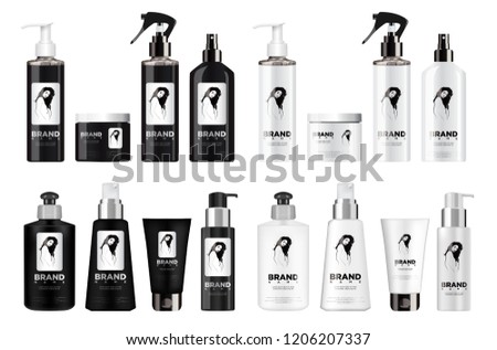 Realistic black and white cosmetic package set mockup with white, silver and black lid.
With a label depicting a beautiful girl. EPS 10. Vector illustration.
