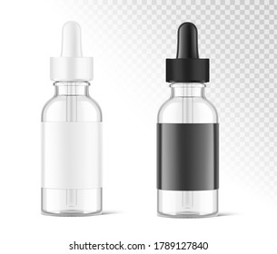 Realistic black and white dropper bottle mockups. Vector illustration isolated on white background.  Сan be used for cosmetic, medical and other needs. EPS10. 