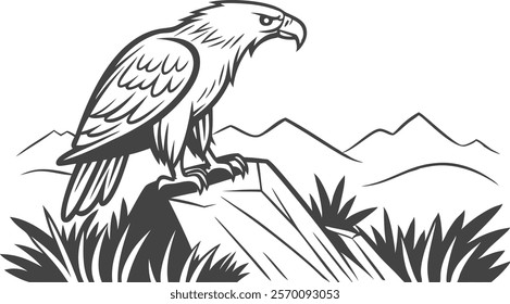 Realistic Black And White Eagle Illustration On Rocky Mountain