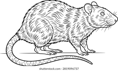 Realistic black and white engraving-style drawing of a rat. Fine detail on fur and whiskers for nature themes.