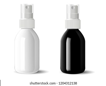 Realistic black and white glossy glass or plastic Cosmetic bottles can sprayer container set. Dispenser cockup template for cream, soups, and other cosmetics or medical products. Vector illustration.