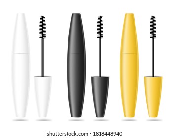 Realistic black, white and gold mascara tube isolated on white background. Vector illustration. Front view. Can be use for template your design, presentation, promo, ad. EPS10.	