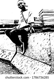 realistic black and white illustration of a man sitting on a roadblock.