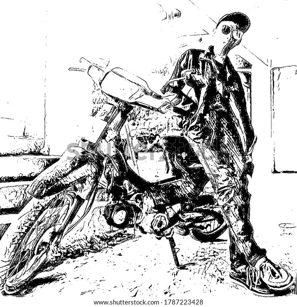 バイクに寄りかかっている男性の写実的な白黒のイラスト タキシバイク バイクのレンタル のベクター画像素材 ロイヤリティフリー