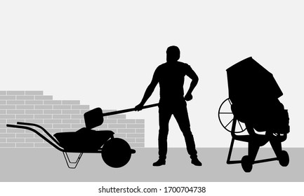 Realistic black and white illustration of a working bricklayer on a construction site. Shovel mortar loads from the mixer into the wheelchair - vector