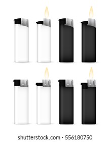 Realistic black and white with a lighter flame close up on a white background
