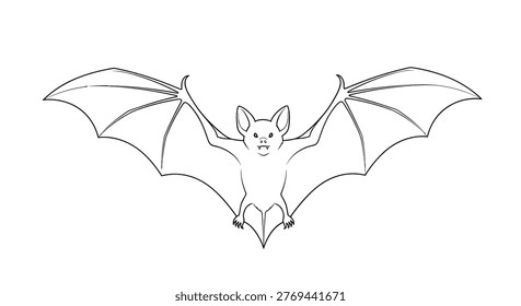 Realistic black and white line drawing of a fruit bat with its large wings fully spread in a symmetrical flying pose.