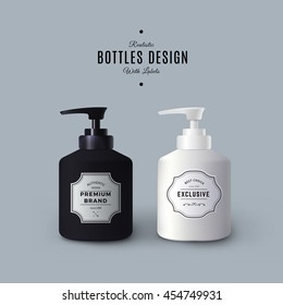 Realistic Black and White Liquid Soap Dispensers. Vector Bottles with Vintage Labels. Product Packaging Design. Plastic Container Mock Up.