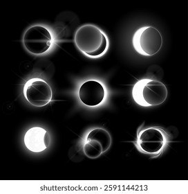 Realistic black and white lunar and solar eclipse set, vector illustration. Phases with bright light auras with glare and rays. Space and astronomy theme. Isolated black background.