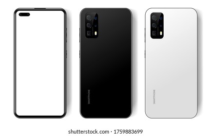 Realistic black and white modern smartphone, empty screen, mockup phone, front and back view on isolated background, vector illustration