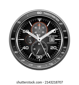 Realistic black white orange clock watch face chronograph luxury isolated background vector illustration.