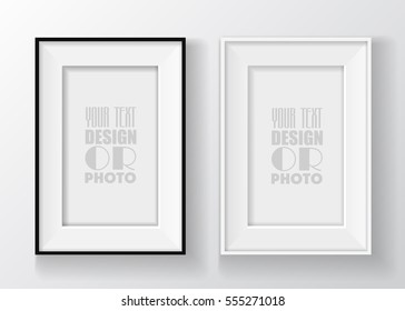 Realistic black and white picture frame on the wall isolated on white background. Vector illustration