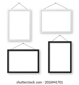 Realistic black and white picture frames with shadow. Hanging on a wall blank poster mockup. Empty photo frame. Vector illustration.