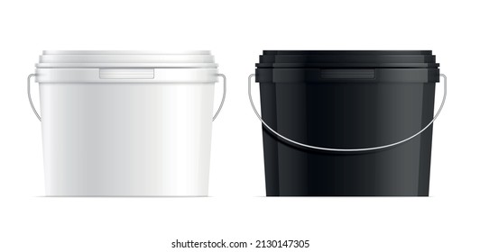 Realistic black and white plastic bucket containers set isolated vector illustration