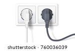 Realistic black and white plugs inserted in electrical outlet, isolated on white background. Icon of device for connecting electrical appliances, equipment. Electric plugs and socket. 3D illustration.