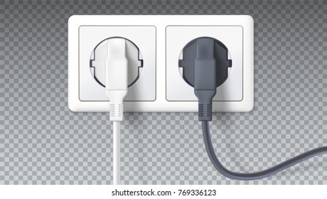 Realistic black and white plugs inserted in electrical outlet, isolated on transparent. Icon of device for connecting electrical appliances, equipment. Electric plugs in socket. 3D illustration.