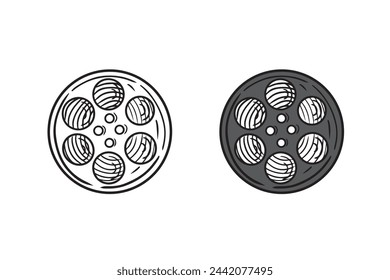 Rollo blanco y negro realista para la grabación de películas aisladas sobre fondo blanco. Dibujado a mano ilustración de boceto vectorial en estilo vintage de línea grabada doodle. Concepto de equipo de director de cine