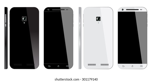 Realistic black and white Smartphone with blank screen, isolated on white background. Smart Phones Front, Back and Side view. Mockup design. Vector illustration.