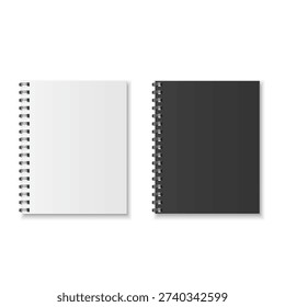 Realistic Black and White Spiral Notebook Cover Mockup Set. Vector illustration