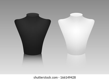 Realistic black and white stands for jewelry with reflection on light gray background