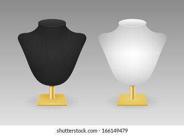 Realistic black and white stands for jewelry with shadow on light gray background