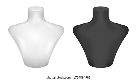 Realistic black and white stands for jewelry. Bust necklace mannequin 3D vector realistic. Mannequin no head.