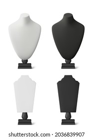 Realistic black and white stands for jewelry. Bust necklace mannequin vector realistic. Mannequin no head.