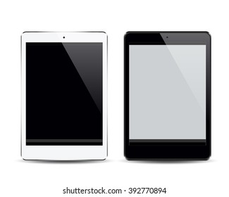 Realistic black and white tablet pc computers with blank screen isolated on white background. Vector eps10 illustration