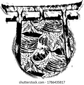 realistic black and white vector about torii poles and Japanese waves.