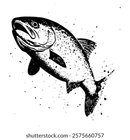 realistic black and white vector artwork of a jumping salmon with textured details, showcasing aquatic life in dynamic motion with splashes of water.