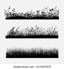 Realistic black and white vector bundle of silhouettes of the ground with grass, flowers, spikelets, trees on it. Hand drawn isolated illustrations for work, design, banners, landscapes.