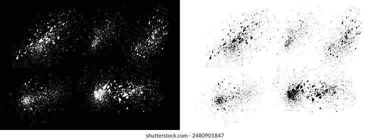 Conjunto de fondo de salpicadura de sangre de pincel grueso de Vector blanco y negro realista. Conjunto de pincel de tinta blanco y negro trazo de pincel de sangrado Vector fondo