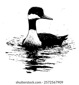 realistic black and white vector illustration of a duck swimming on water, featuring detailed textures, artistic shading, and monochrome design for elegant wildlife art