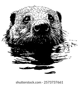 realistic black and white vector illustration of an otter emerging from water, crafted with fine details and textures to highlight its playful and aquatic nature.