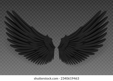 Realistic black wings. Angel black wings or bird fly wing. 3D bird wings design template.