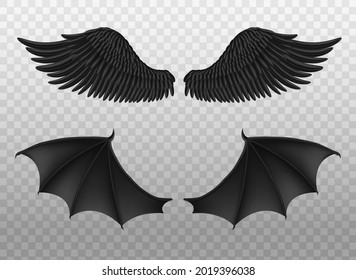 Realistic black wings. Pair of dark feathers raven and bat wings, crow bird parts, isolated demon elements, fly animals paired objects. Spiritual evil symbols vector 3d set