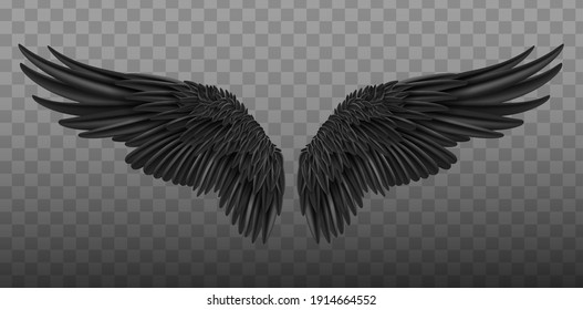 Realistic black wings. Pair of white isolated angel style wings with 3D feathers on transparent background.