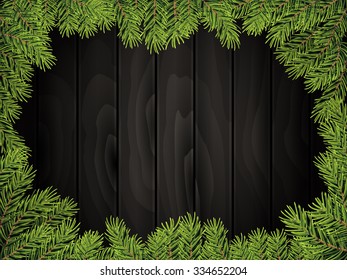 Realistic black wood board background with pine twig border. Vector illustration