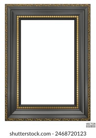 Realistic black wooden vintage frame on white background.  Rectangle frames mockup. Classic Photo wood frame. Dark border for painting, poster, and photo gallery. 3d vector illustration.