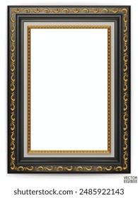 Realistic black wooden vintage frame on white background.  Rectangle frames mockup. Classic Photo wood frame. Black border for painting, poster, and photo gallery. 3d vector illustration.