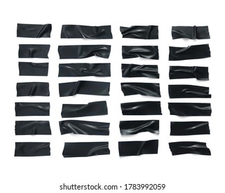 Realistic black wrinkled insulating tape strip set. Sticky scotch isolated on white background. Duct tape pieces collection. Vector illustration