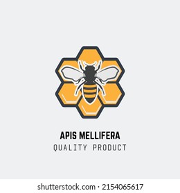 Realistic black and yellow bee emblem with text. Apis mellifera realistic black image. Bee logo.
