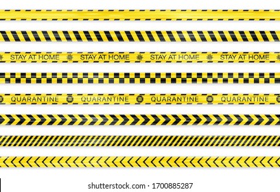 Realistic black and yellow seamless Covid-19 warning stripe lines isolated. Stop, Police, Warning, Danger, Quarantine, Under Construction, Do not cross concept. Crime isolation border tapes. Vector