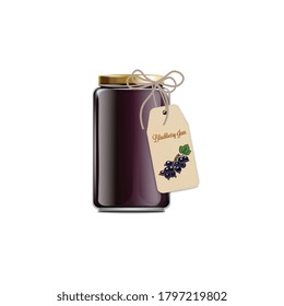 Realistic blackberry jam jar mockup with hanging gift tag isolated on white background. Blank glass container of purple jelly - vector illustration.