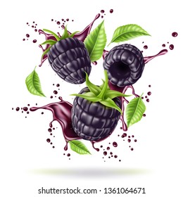 Realistic blackberry juice splash with green leaves motion. Juicy bramble, black fruit explosion. Fresh blackberry juice swirl flow. Ripe forest berry for drink package vector design.